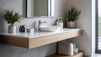 Wall-mounted vanity with white ceramic vessel sink. Interior design of modern scandinavian bathroom