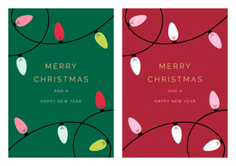 Merry Christmas and Happy New Year Set of greeting cards, holiday cover, invitation template. Modern Christmas lights string design with gold text. Festive vector template set for Christmas cards. - 677672197