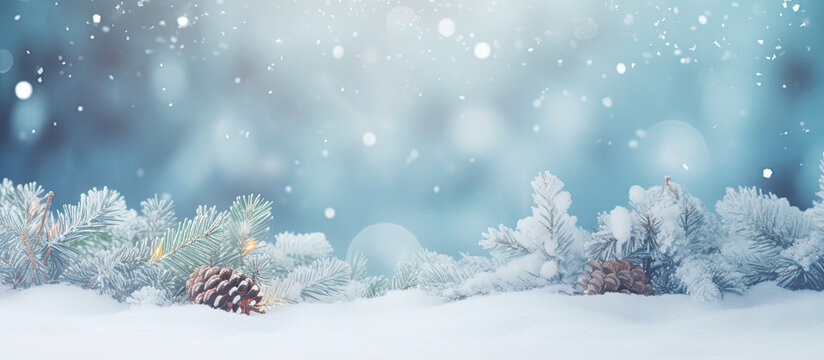 Christmas background with snowflakes and pine trees on the snow 