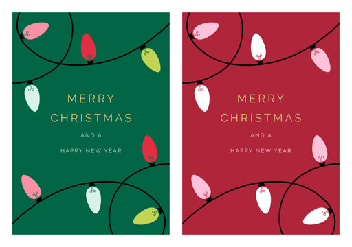 Merry Christmas and Happy New Year Set of greeting cards, holiday cover, invitation template. Modern Christmas lights string design with gold text. Festive vector template set for Christmas cards.