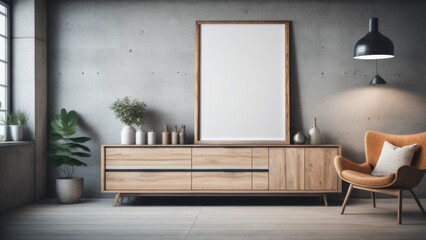 Wooden cabinet, dresser against concrete wall with empty blank mock up poster frame with copy space. Scandinavian home interior design of modern living room