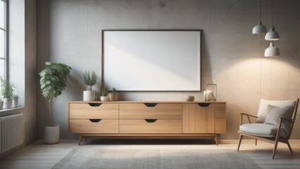Wooden cabinet, dresser against concrete wall with empty blank mock up poster frame with copy space. Scandinavian home interior design of modern living room