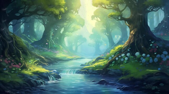 beautiful forest painting with a flowing river and shady trees, sunlight shining around, flowers and butterflies flying, seamless looping 4K video animation background