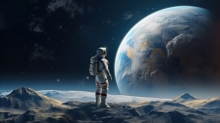 Astronaut stands on the Moon surface looking to the Earth on the background, Exploring space and other planets