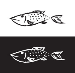 Stylized hand drawn brush, fictional imaginary fish black and white - 677672733