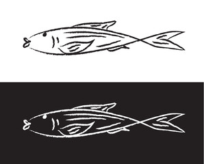 Stylized hand drawn brush, fictional imaginary fish black and white