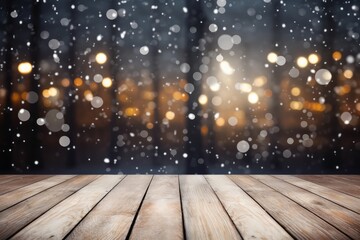 Winter snowy blurred black background and wooden flooring
