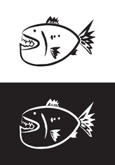 Stylized hand drawn brush, fictional imaginary fish black and white - 677672744