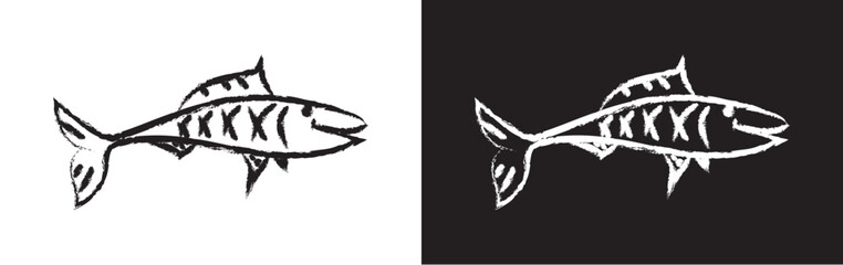 Stylized hand drawn brush, fictional imaginary fish black and white
