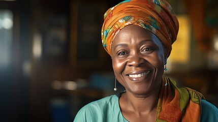 Portrait of Smiling middle aged african american woman with headscarf. textured skin, photography, 