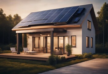 House with solar panels on the roof Sustainable and clean energy at home - obrazy, fototapety, plakaty