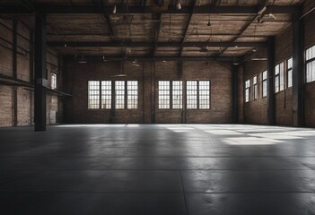 Industrial loft style empty old warehouse interior brick wall concrete floor and black steel roof