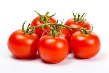 Group of tomatoes on white background with green stem.