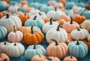 Small orange white and pink pumpkins on pastel blue background