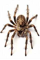 Close up of spider on white background with black stripe.