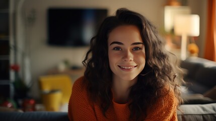 Portrait of Teenager woman smiling and looking to camera while relax in living room at home