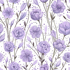 Artistic Floral seamless pattern. Hand drawn abstract purple pink flowers with leaves on white background. Textured Summer digital art design template. - 677673335