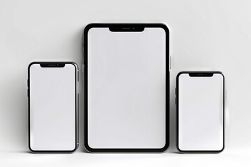 Three black and white cell phones with blank screens on them, one of which is facing the camera.