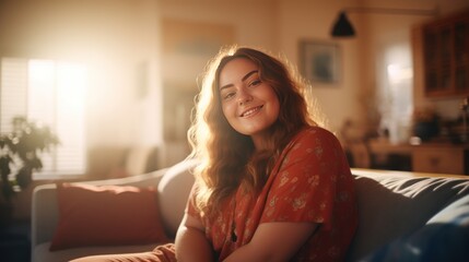 Portrait of Teenager woman smiling and looking to camera while relax in living room at home - obrazy, fototapety, plakaty