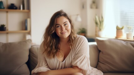 Teenager woman smiling relax in living room at home, woman and life style,Cheerful woman