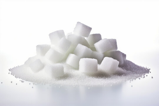 Pile of sugar cubes on white surface.