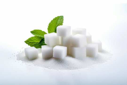 Pile of sugar cubes with green leaf on top.