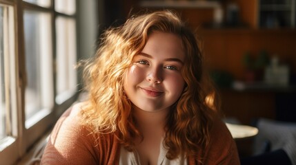 Portrait of Teenager woman chubby smiling and looking to camera while relax in living room at home.  - obrazy, fototapety, plakaty