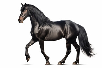 Black horse is walking on white background with shadow.