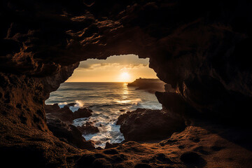 The Harmony of Earth and Sky: A Stunning Sunset Over the Ocean as Seen from a Cave, ai generative