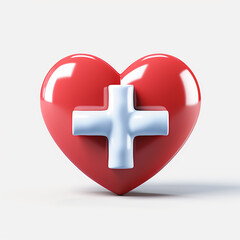 Red heart with plus sign isolated on white background. 3D illustration
