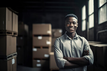 Obraz premium In the Heart of Operations: A Warehouse Worker Amidst Stacks of Boxes, ai generative
