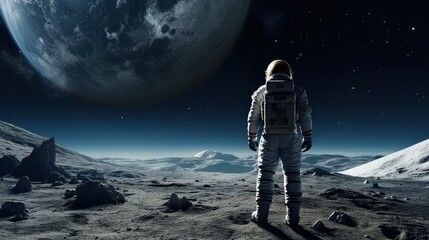 Spaceman stands on the Moon surface looking to the other planet on the background, Exploring space and other planets - Powered by Adobe