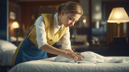 Obraz premium Professional chambermaid making with stack of towels near bed in hotel room.