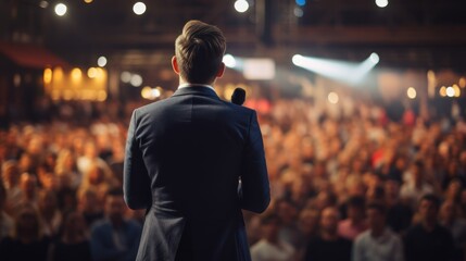 Rear view of Motivational speaker with on stage, blurred audience,meeting of many people