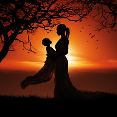 The silhouette of a mother holding her child 