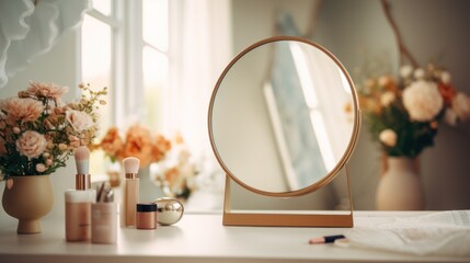Stylish round mirror on dressing table with cosmetic, woman with makeup tools - obrazy, fototapety, plakaty