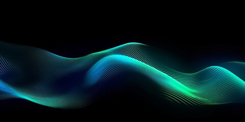 3D  wave lines pattern smooth curve flowing dynamic blue green gradient light isolated on black background for concept technology, digital, communication, science, Generative AI - obrazy, fototapety, plakaty