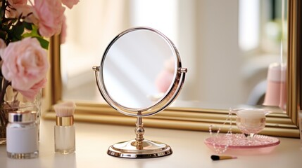 Fototapeta na wymiar Stylish round mirror on dressing table with cosmetic, woman with makeup tools