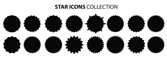 Set of vector starburst, sunburst badges. Black icons on white background. Simple flat style vintage labels, stickers. Star vector icon set.