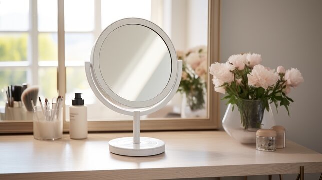 Stylish round mirror on dressing table with cosmetic, woman with makeup tools