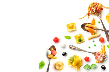 Various pasta forks panorama. Spaghetti, fusilli, penne and other shapes of pasta, with sauce, overhead flat lay shot on a white background, with a place for text