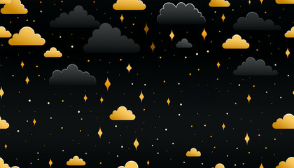 Cute night sky background with colorful clouds. dark blue seamless pattern with gold foil constellations, stars and clouds. Watercolor night sky background Dreamy design