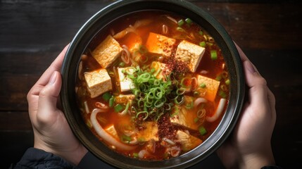 Korean food concept, Kimchi soup with tofu and pork in a bowl holding by hand