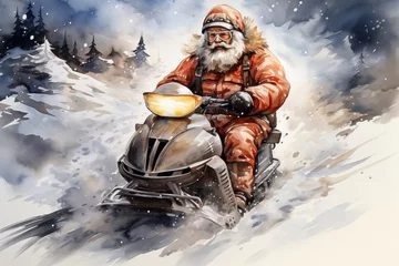 Fotobehang Santa Claus rides a snowmobile in the mountains. Watercolor drawing. © ako-photography