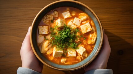 Korean food concept, Kimchi soup with tofu and pork in a bowl holding by hand