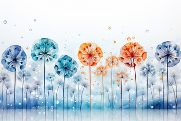 Watercolor illustration of a flower background with water drops and dandelions