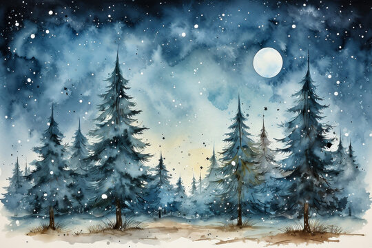 Winter landscape with fir trees and full moon. Watercolor painting.