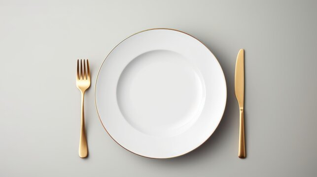 Details On The Dining Table,Top View Of Empty Plate And Gold Cutlery On Gray Background