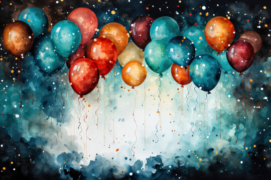 Colorful balloons with ribbons and confetti on dark watercolor background