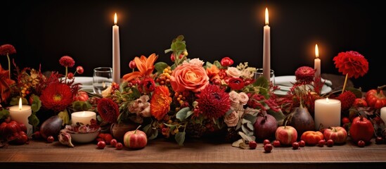 The vintage floral centerpiece adorned the autumn table with red flowers seasonal plants and a pumpkin creating a natural and enchanting garden atmosphere while candles added a touch of warm
